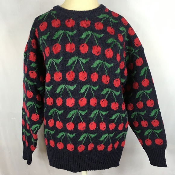 Knit Pics Sweaters - Vintage 70s wool sweater cherry print black Large